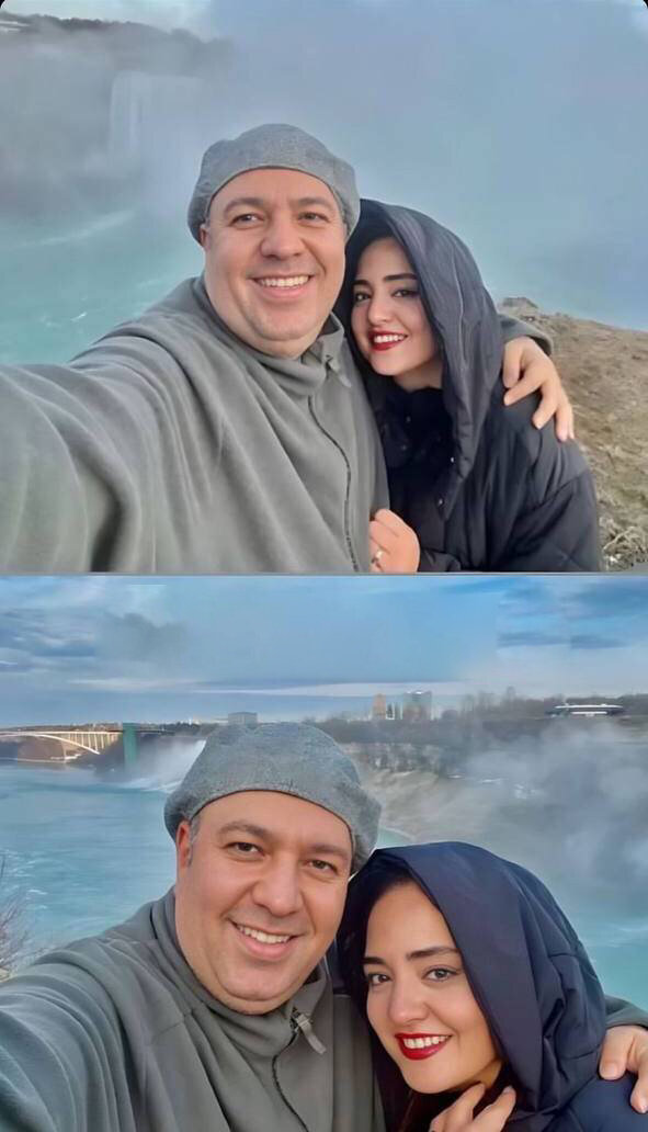 تصویری عاشقانه از نرگس محمدی و همسرش در کنار آبشار نیاگارا