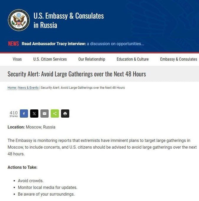 پیش بینی عجیب آمریکا از حادثه تروریستی در مسکو | هشدار به شهروندان آمریکایی برای حضور در تجمعات روسیه