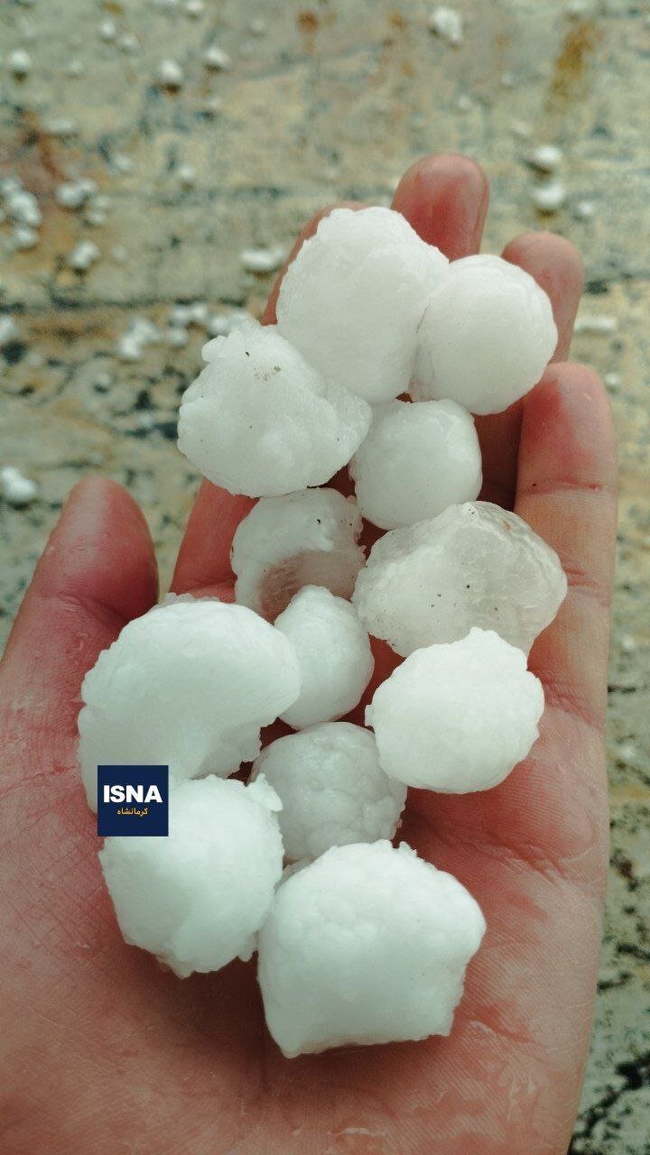 شدت بارش باران و تگرگ در شهرهای مختلف کرمانشاه | اندازه دانه های تگرگ را ببینید | تصاویر