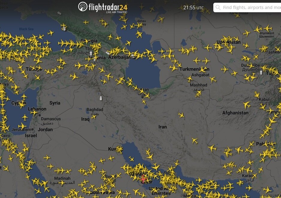 تصویری از وضعیت پروازها در آسمان ایران، اسرائیل، عراق، سوریه و اردن