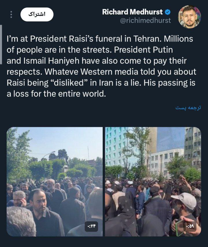 آنچه درباره نفرت از رئیسی به شما گفته‌اند دروغ است | توئیت روزنامه نگار انگلیسی: در تهران میلیون‌ها نفر در خیابان هستند