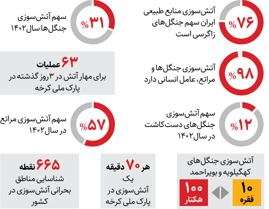بحرانی ترین نقاط آتش سوزی طبیعت ایران کجاست؟ | ۷۶ درصد حریق جنگل و مرتع در این عرصه رخ می دهد + اینفوگرافیک