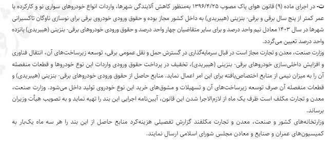 ابلاغ قانون واردات خودروهای نو و کارکرده برقی