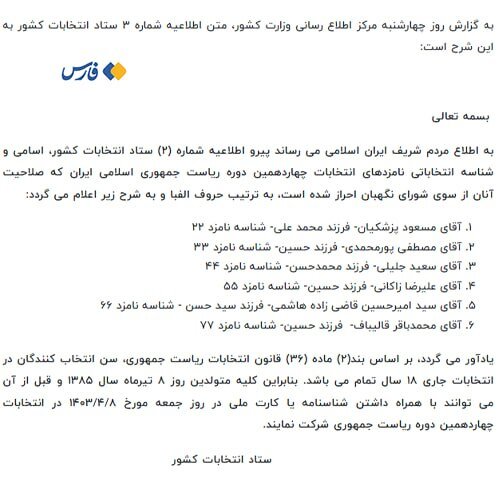 شناسه انتخاباتی ۶ کاندیدای ریاستجمهوری اعلام شد