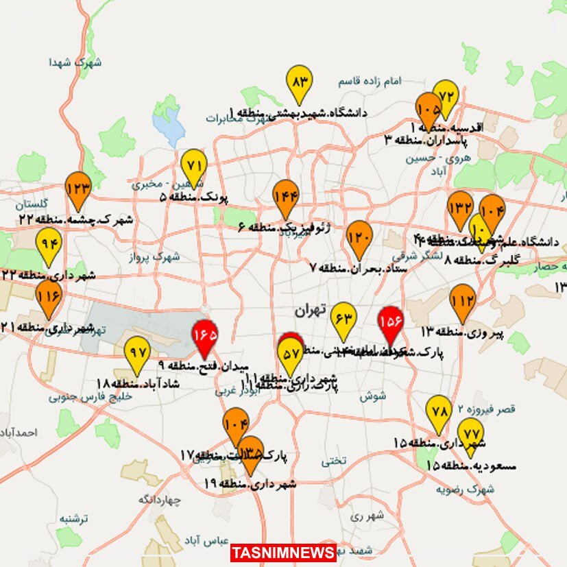 نقشه آلودگی هوا در تهران | این مناطق آلوده‌ترین جاهای پایتخت هستند