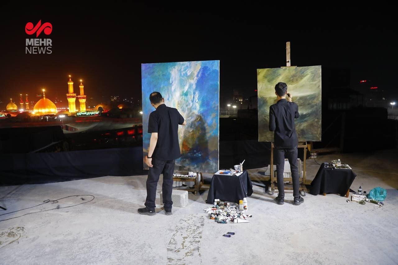 اجرای نقاشی حسن روح الامین و محمدعلی نادری در بامِ کربلا + عکس