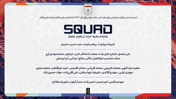 فهرست تیم ملی فوتبال ایران برای ۲ بازی انتخابی جام جهانی مقابل ازبکستان و قطر
