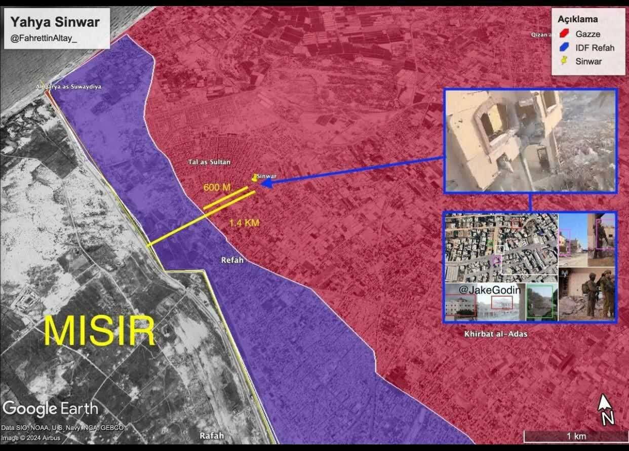 فاصله محل استقرار شهید سنوار با مناطق عملیاتی صهیونیستها در رفح | ویدئو