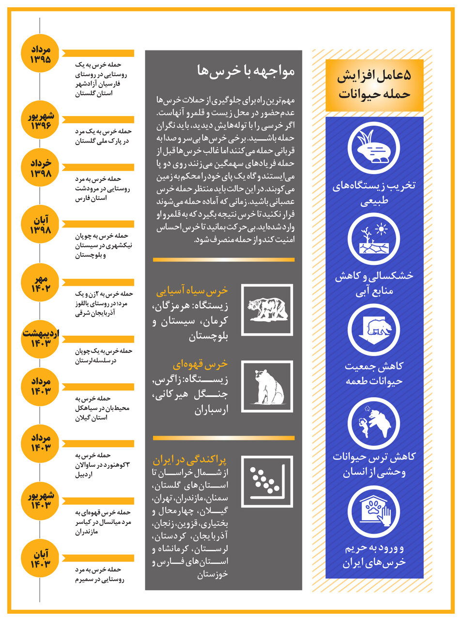 دلیل افزایش حمله خرس‌ به روستائیان و طبیعت‌گردها چیست؟ | افزایش آمار حمله خرس به روستایان و طبیعت گردها ؛ ۲۳ مورد در ۷ سال + اینفوگرافیک