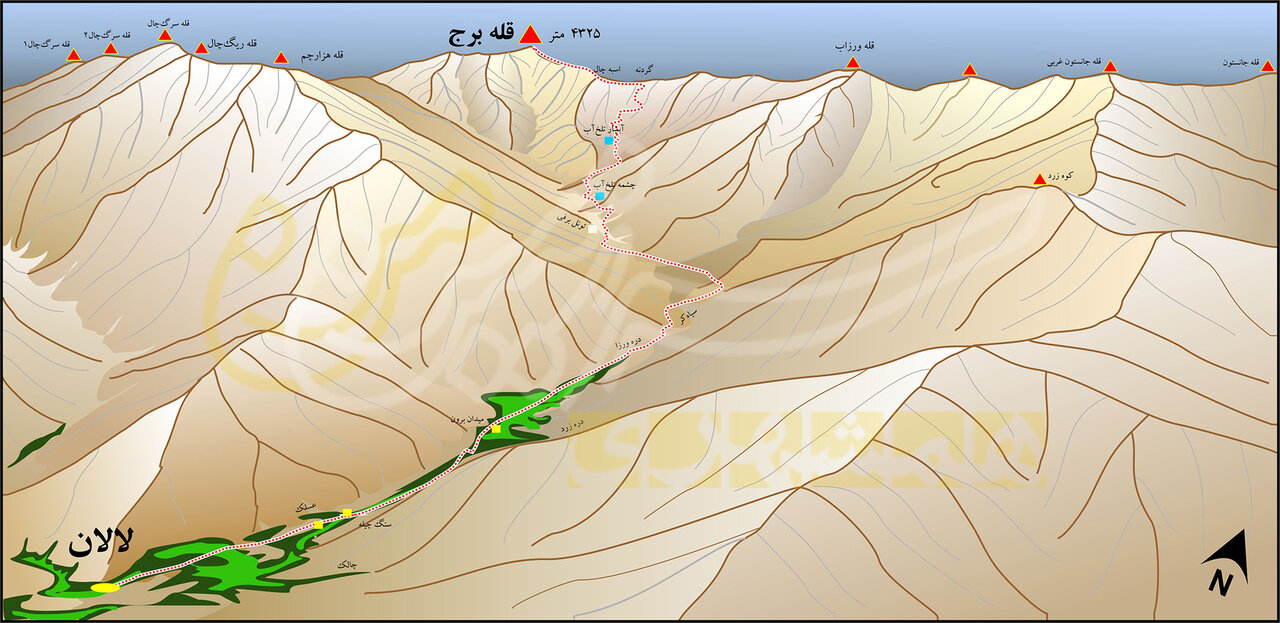 نقشه دسترسی به قله برج جبهه جنوبشرقی، روستای لالان