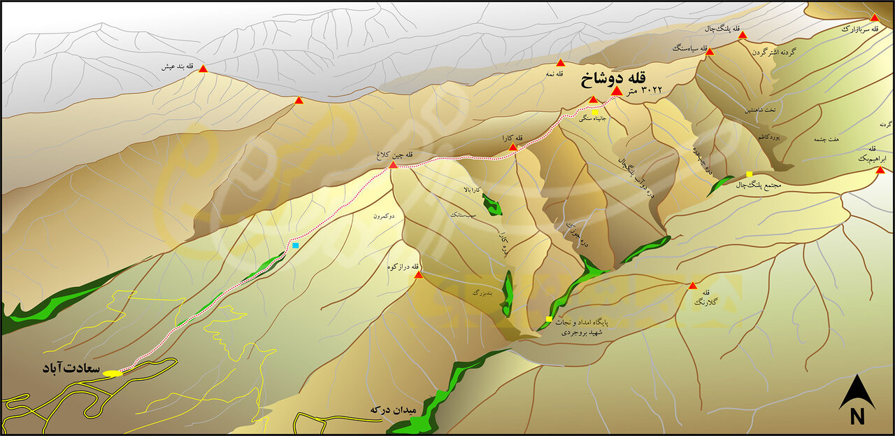 نقشه صعود به قله دوشاخ، جبهه جنوبی، خطالراس چین کلاغ