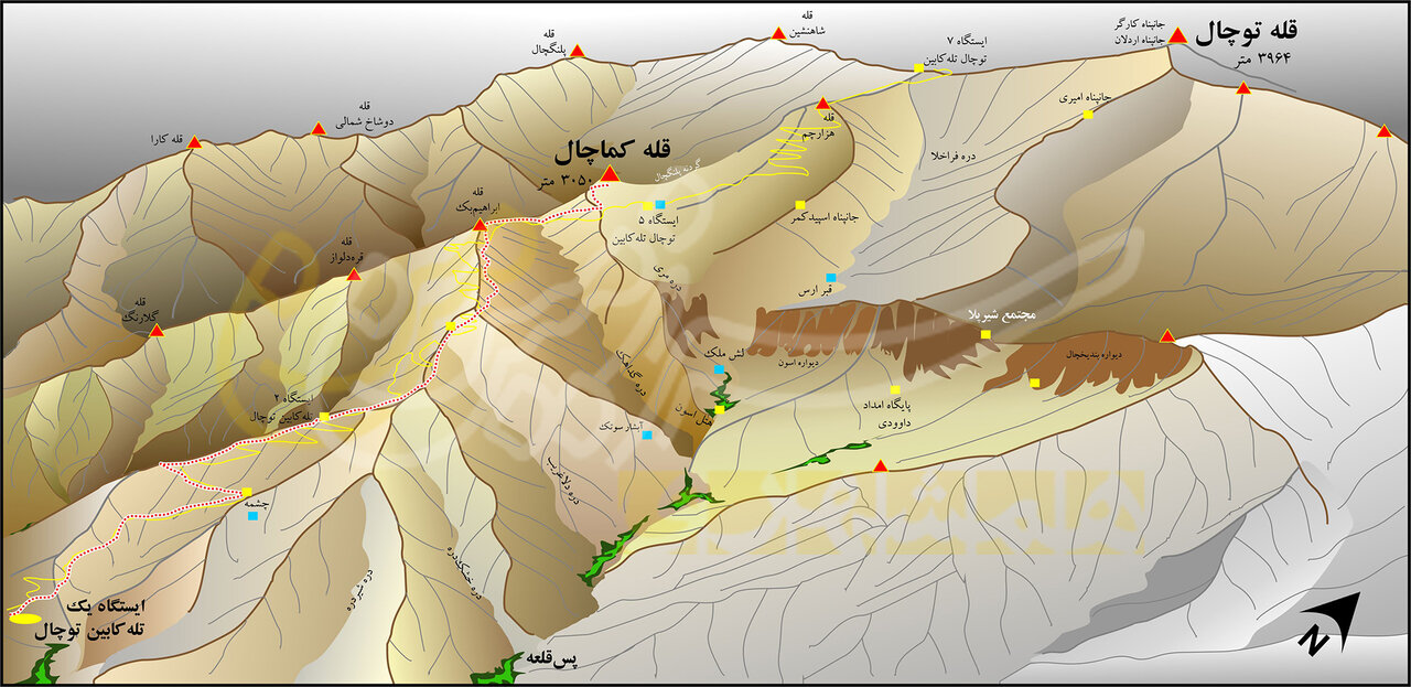 نقشه دسترسی به قله کماچال، جبهه جنوبی، ایستگاه یک تلهکابین توچال