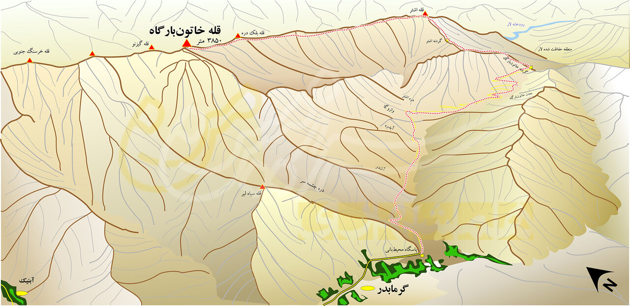 نقشه دسترسی به قله خاتون بارگاه ، جبهه شرقی خطالراس قله اشتر