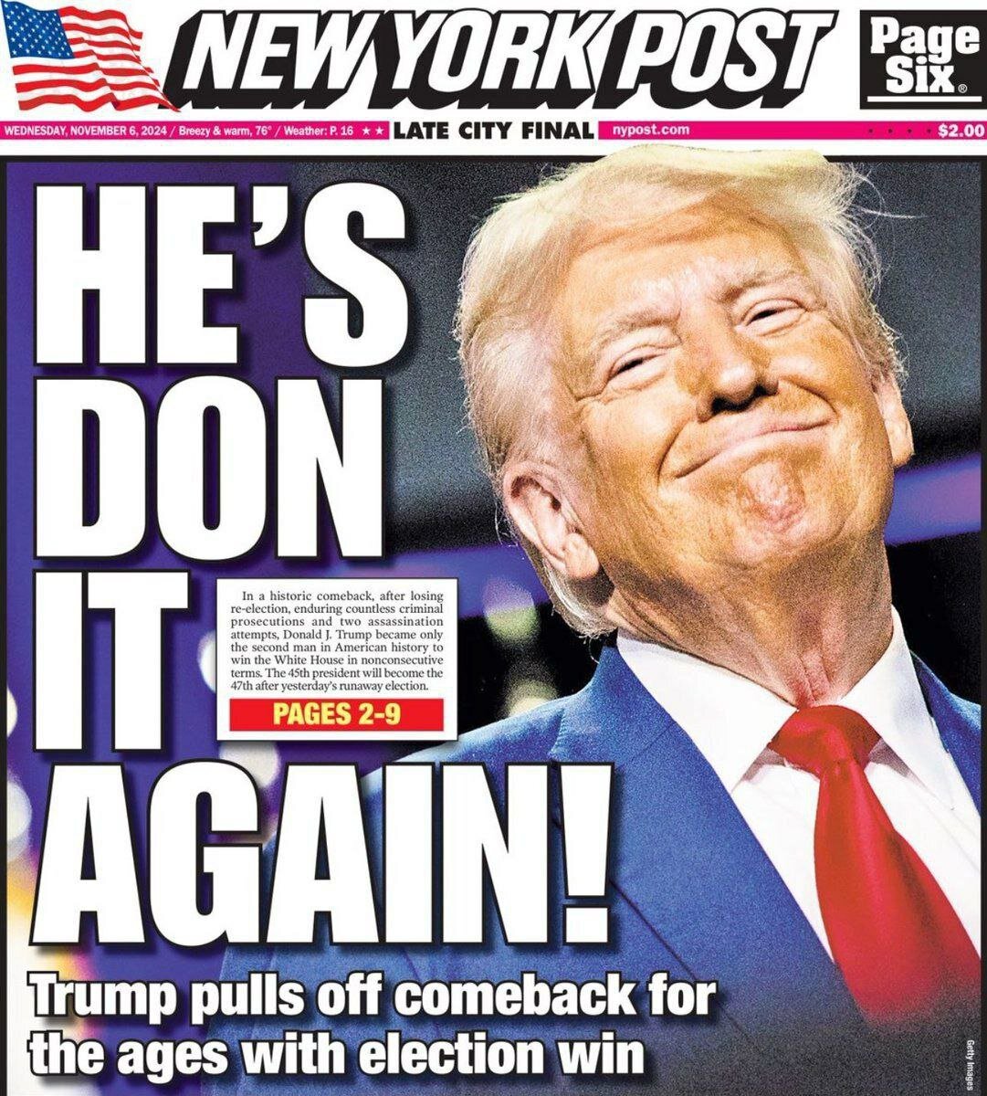 نخستین واکنش رسانههای مکتوب به پیروزی ترامپ | نیویورکپست: او دوباره انجامش داد!