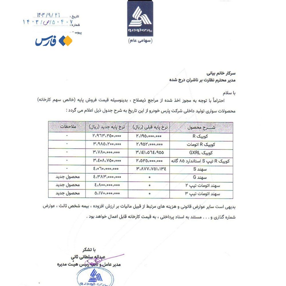 فهرست جدید قیمت خودروهای پارسخودرو + جدول | این خودروها چقدر گران شدند؟