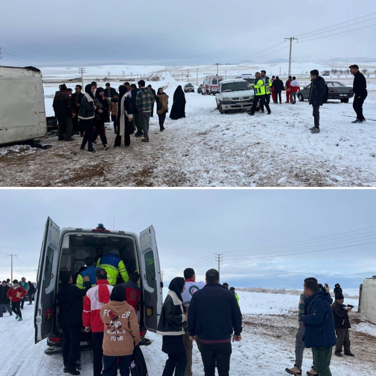 واژگونی سرویس دانشآموزان در جاده برفی | اعزام ۱۱ مصدوم به بیمارستان + عکس