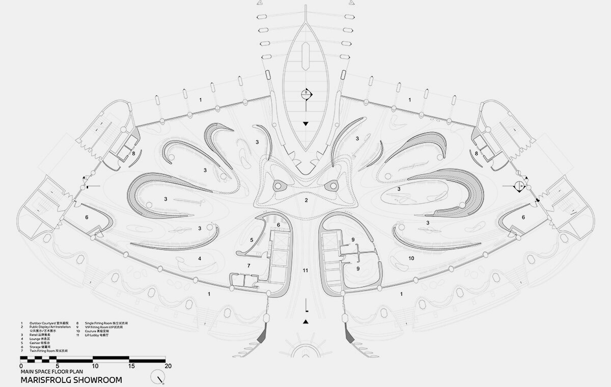متفاوتترین طراحی زها حدید برای دکوراسیون یک بوتیک + تصاویر | ساختار بال پروانه ای ویترین بوتیک را ببینید