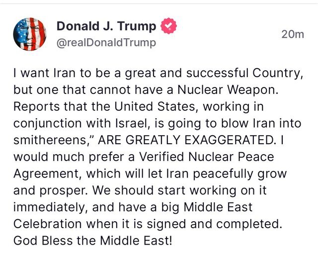 پیام ترامپ در تروث / ترامپ: توافق هستهای راستیآزماییشده با ایران را ترجیح میدهم