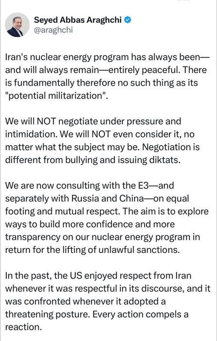 توئیت مهم عراقچی به زبان انگلیسی+ عکس | کنایه معنادار به آمریکا؛ هر عملی را اجباراً عکسالعملی است | مذاکره با قلدری و دستور دادن متفاوت است