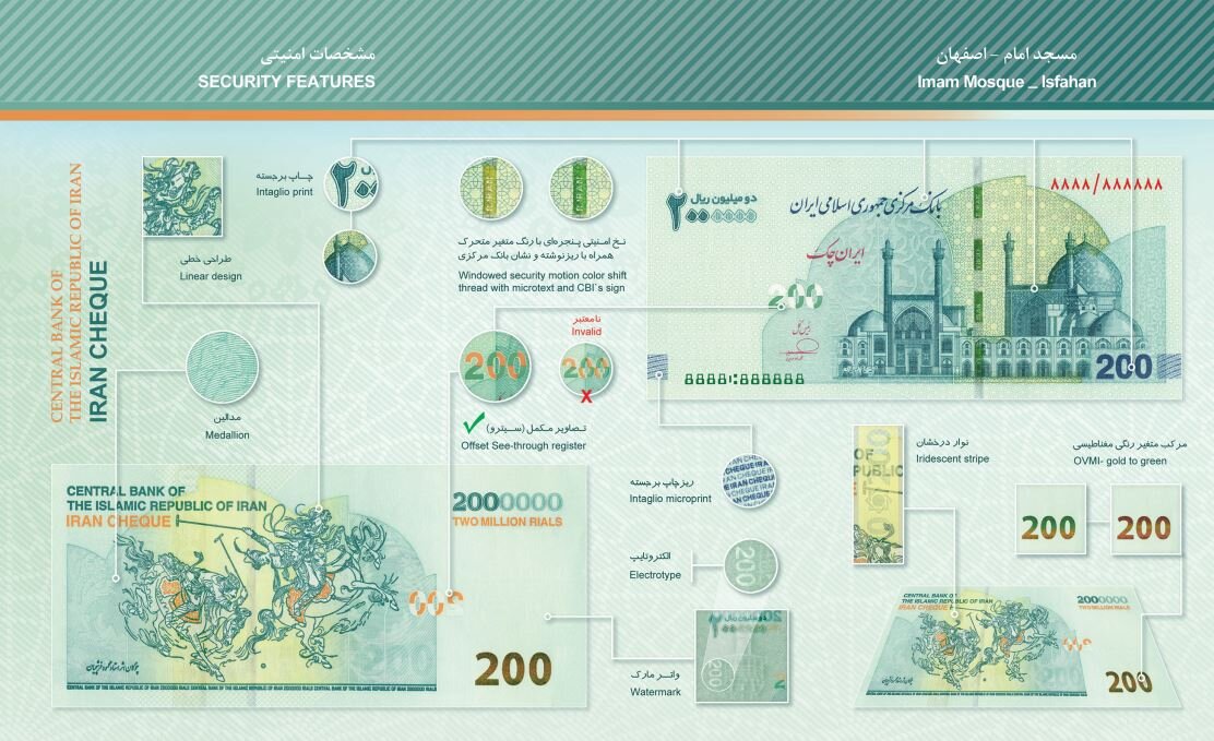توزیع ایران چک های ۲۰۰ هزار تومانی جدید در بانک ها | ۱۱ ویژگی امنیتی ایرانچک جدید؛ تصویر اسکناس جدید بانک مرکزی را ببینید