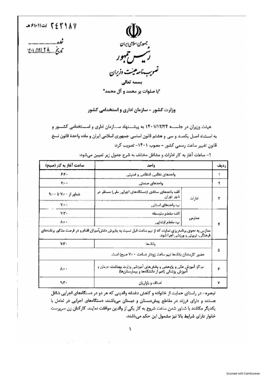 اعلام ساعت کاری ادارات از شنبه ۱۶ فروردین