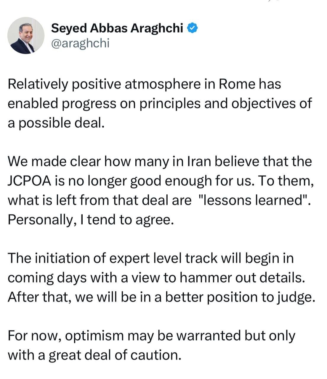 توئیت معنادار عراقچی درباره توافق احتمالی به زبان انگلیسی | خوشبینی ممکن است موجه باشد، اما...