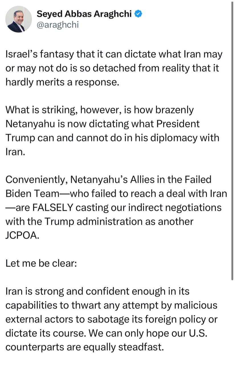 پاسخ صریح عراقچی به تهدیدهای نتانیاهو درباره حمله به ایران | وقاحت نتانیاهو قابل توجه است که میخواهد به ترامپ دیکته کند...