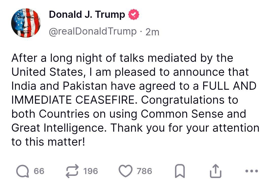 خبر فوری ترامپ؛ هند و پاکستان با آتشبس کامل موافقت کردهاند