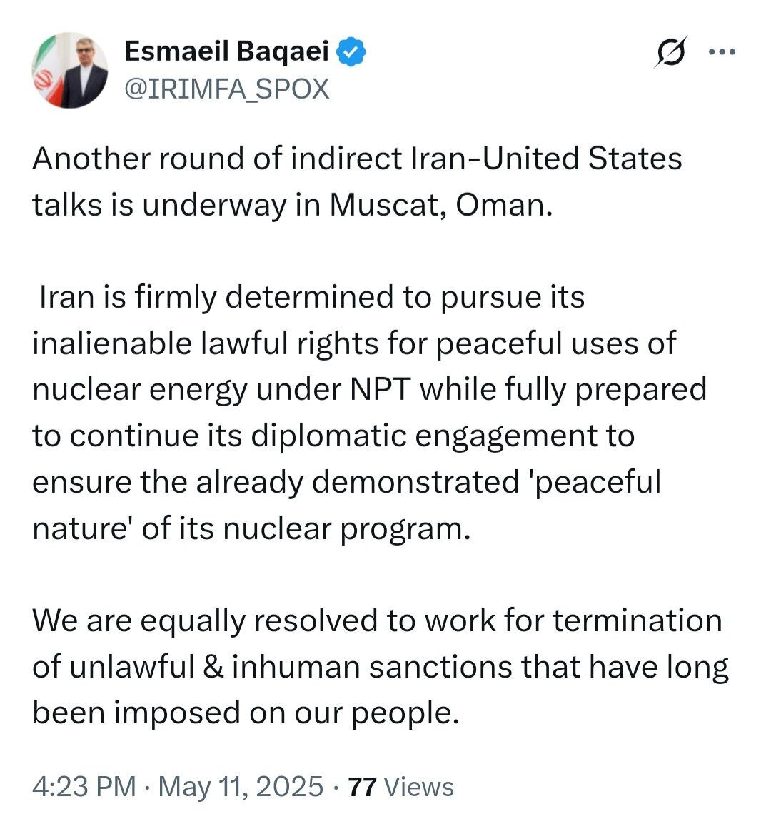 پیام توئیتری سخنگوی وزارت خارجه همزمان با مذاکره با آمریکا