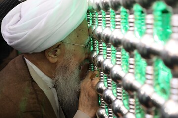 تصاویری از وداع پر احساس یک مرجع تقلید با مرقد امیرالمومنین (ع)