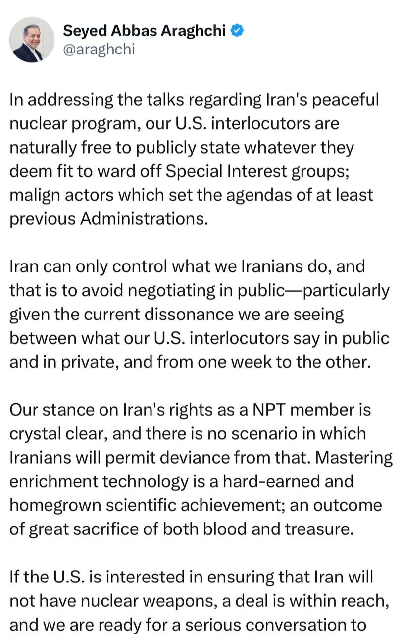 عراقچی هشدار داد: چه توافق حاصل شود و چه نشود، غنیسازی ادامه خواهد داشت | مواضع علنی و خصوصی طرف آمریکایی تناقض دارد