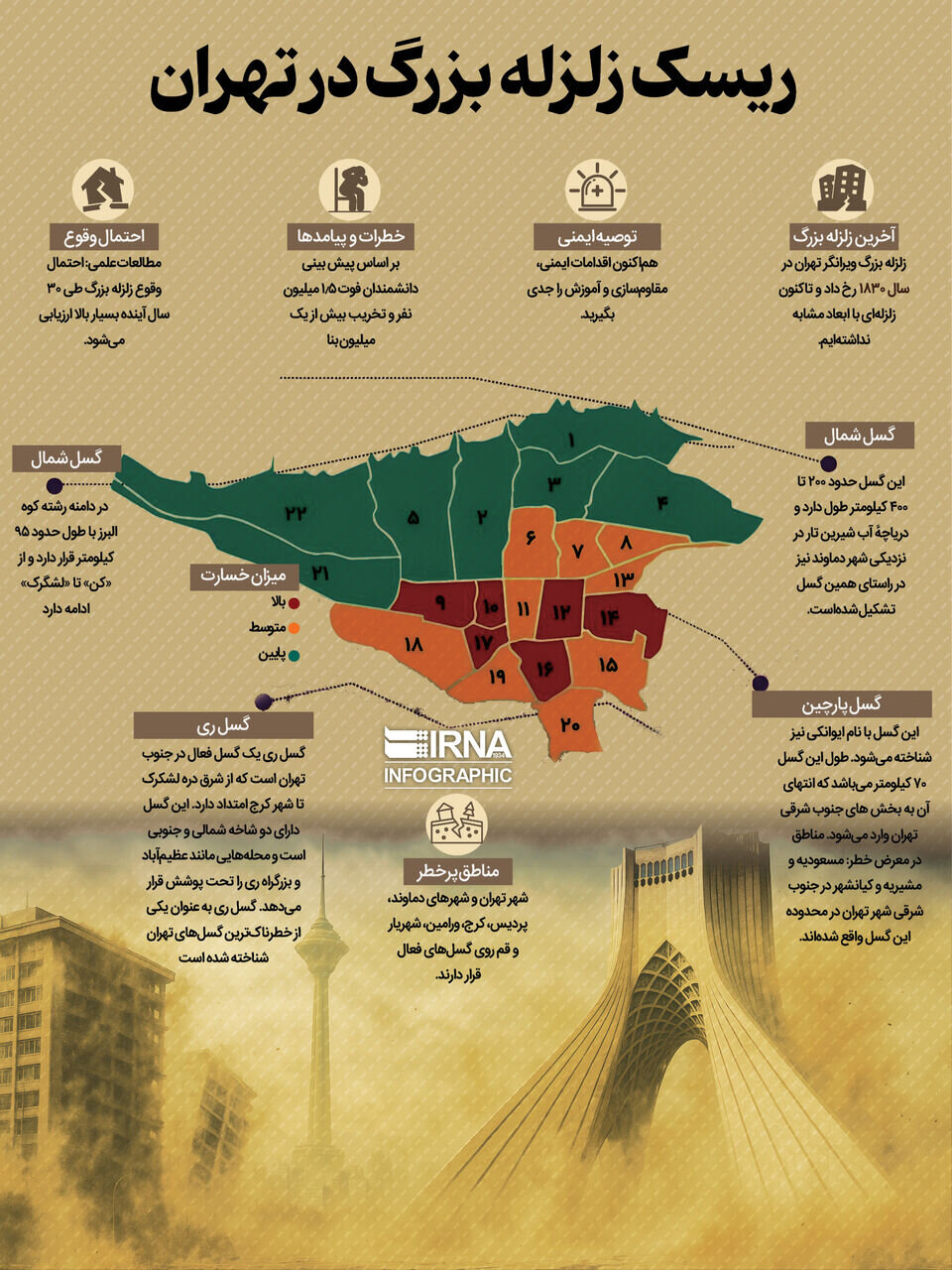 روی این نقشه ببینید در منطقه پرخطر زلزله تهران زندگی می کنید یا نه | انتشار نقشه زلزله تهران بر اساس مناطق قرمز، نارنجی و سبز