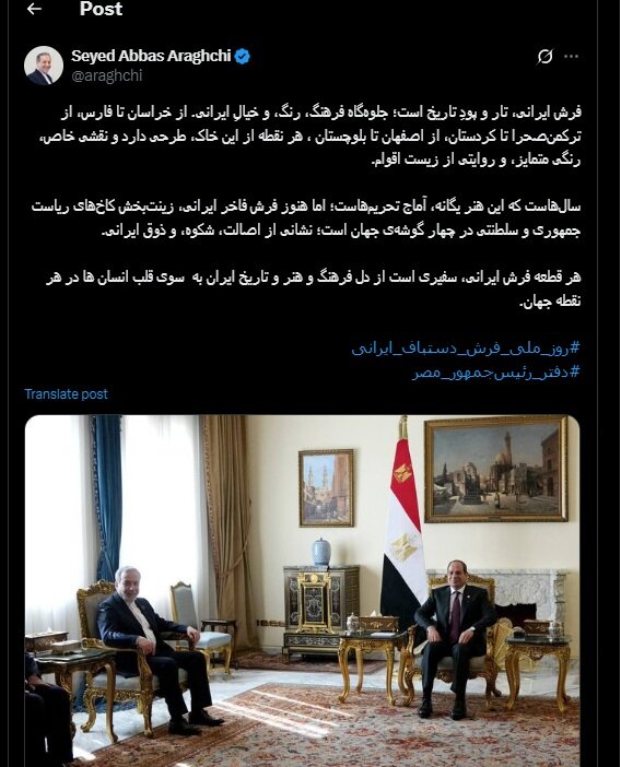 عکسی که عراقچی منتشر کرد؛ فرش دستبافت ایرانی زیر پای السیسی در کاخ ریاستجمهوری مصر