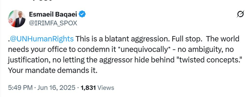 پیام سخنگوی وزارت امور خارجه در شبکه ایکس خطاب به کمیسر عالی حقوق بشر