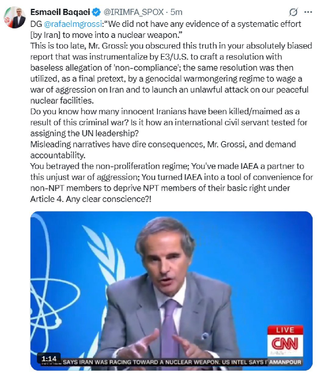 آقای گروسی، شما آژانس را به شریکی در این جنگ ناعادلانه تجاوزگرانه تبدیل کردید