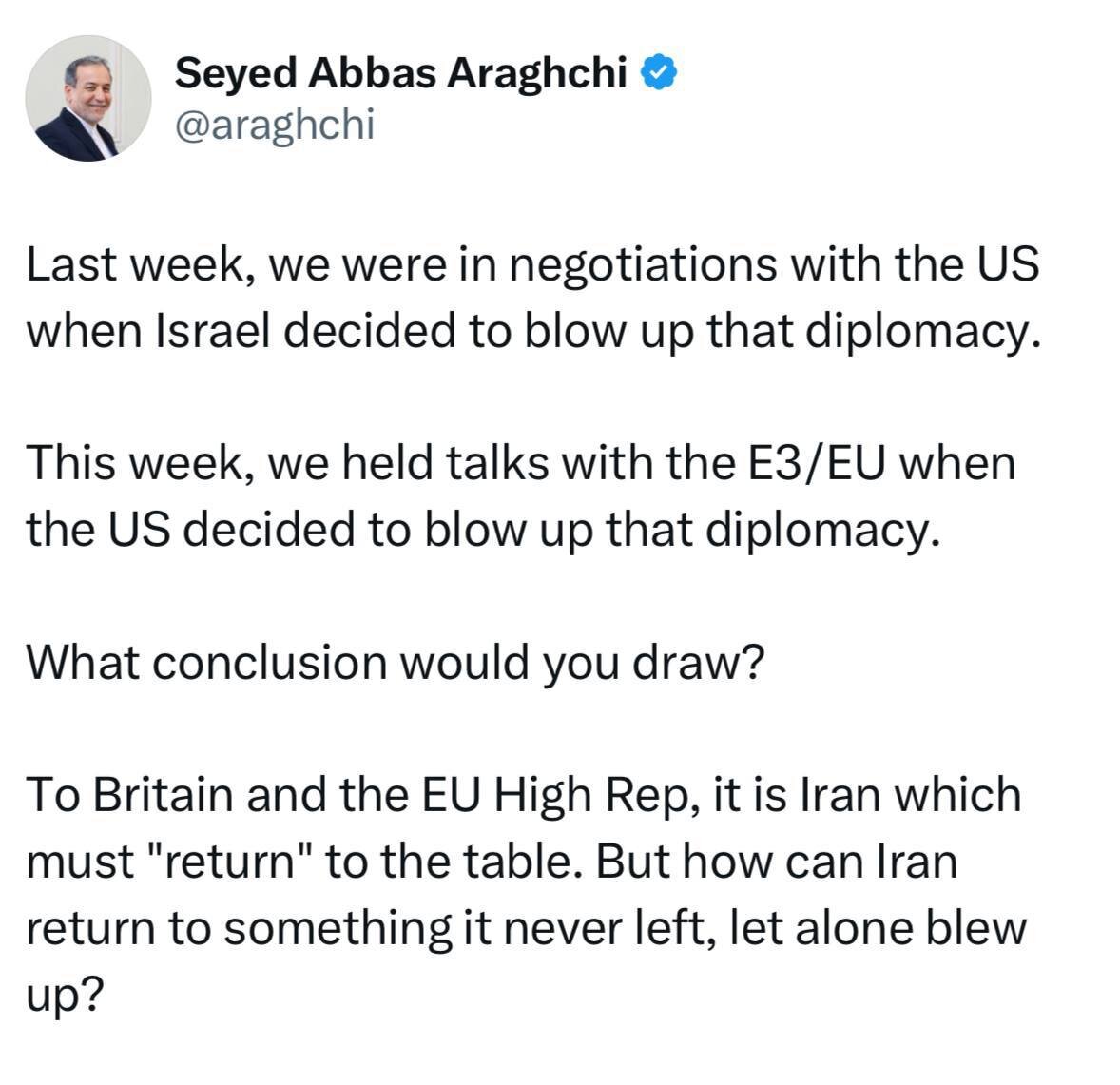 توئیت کنایه آمیز عراقچی خطاب به اروپایی ها درباره بازگشت به مذاکره