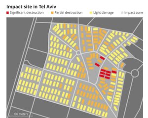 تخریب ۷۸ ساختمان تنها با یک موشک | نخستین نقشه های ویرانی اسرائیل پس از حملات ایران منتشر شد + تصاویر