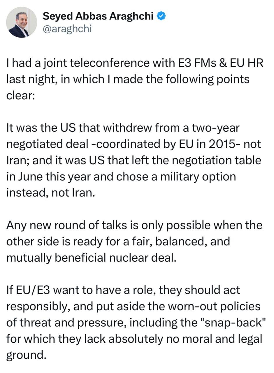 روایت مهم عراقچی از کنفرانس با ۳ کشور اروپایی؛ واکنش به تهدی اجرای اسنپ بک