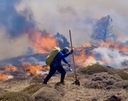 تصاویر آتش سوزی بزرگ در جنگل ابر | حضور مردم در کنار مأموران برای خاموش کردن آتش را ببینید + فیلم