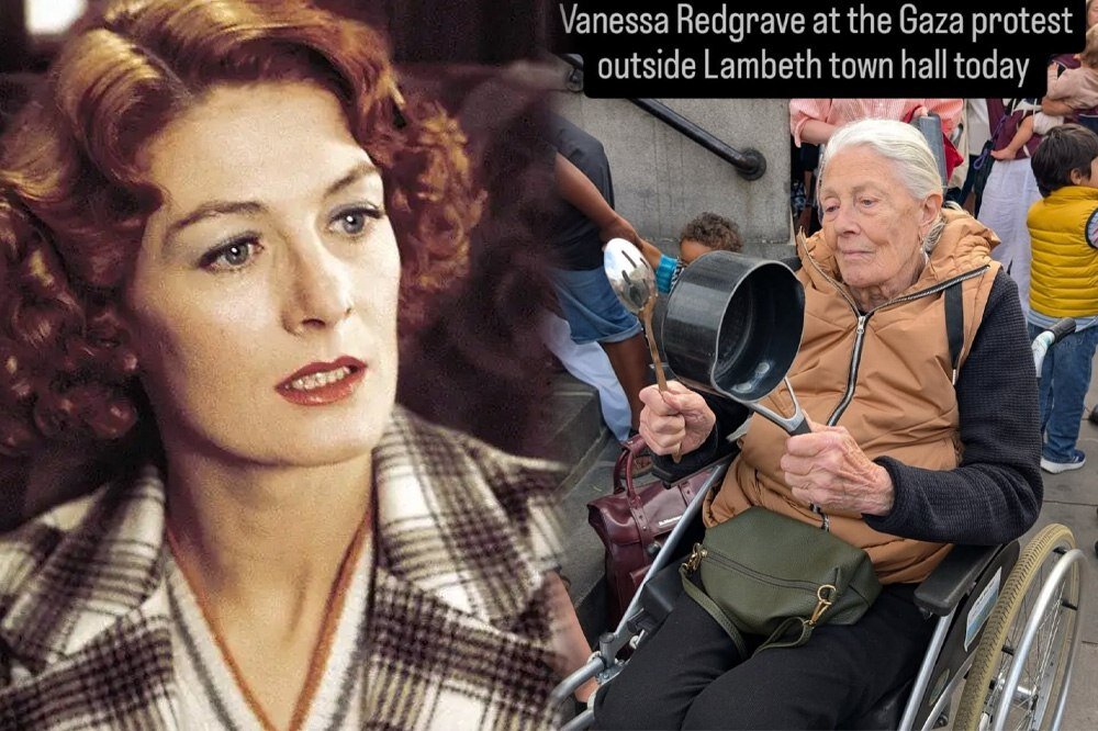 بازیگر ۸۸ ساله انگلیسی با ویلچر در تجمع حامیان غزه | عکس