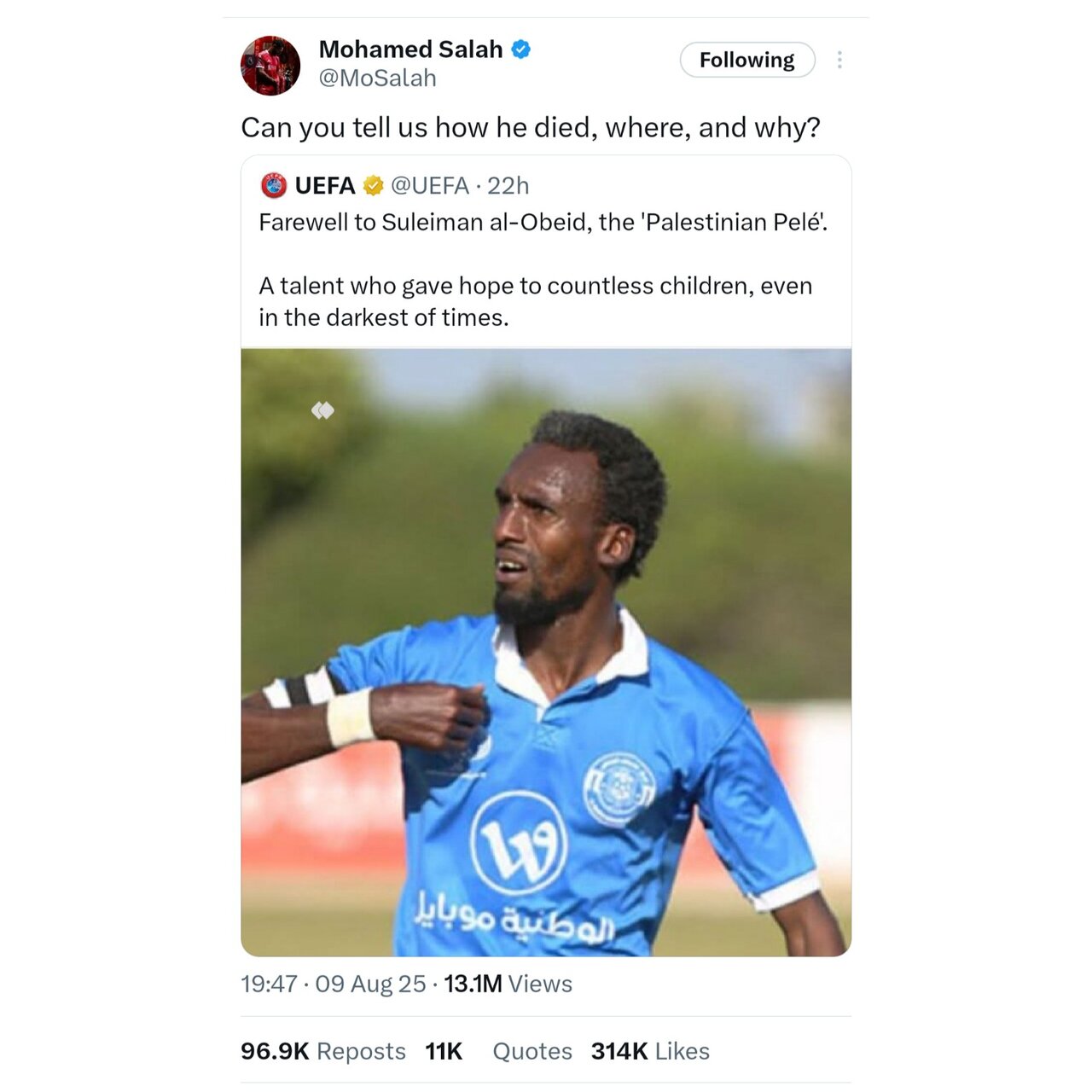 تسلیت یوفا برای «پله فلسطین» صدای محمد صلاح را درآورد + عکس