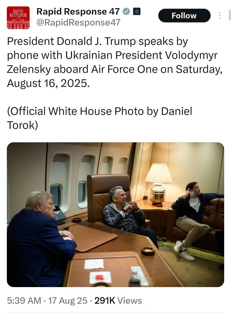 تصویری از تماس ترامپ با زلنسکی پس از دیدار با پوتین در هواپیما ؛ ویتکاف را با لباس غیررسمی ببینید