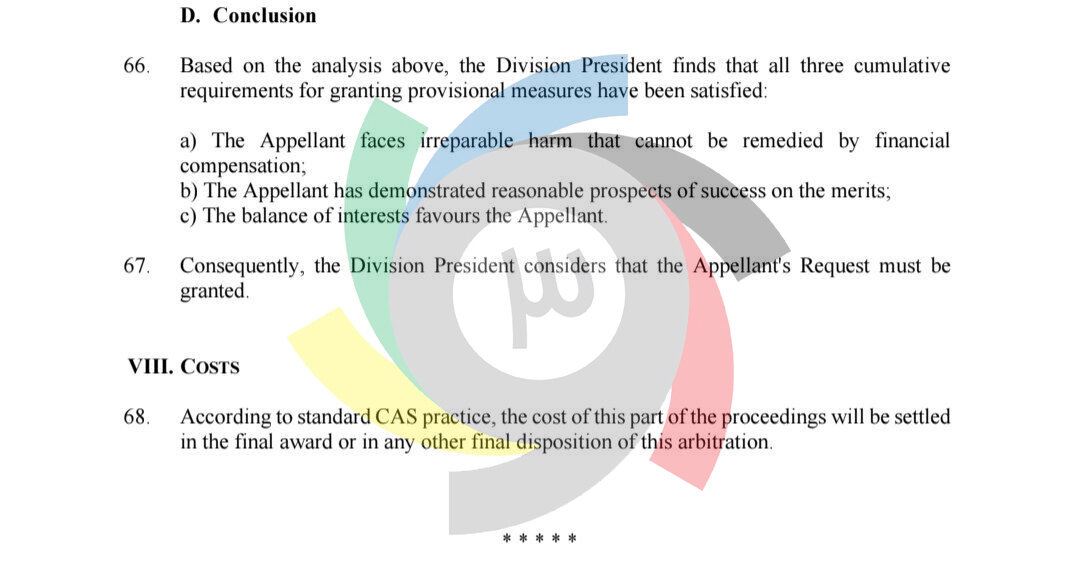 تصویر حکم لغو محرومیت علیرضا بیرانوند توسط CAS