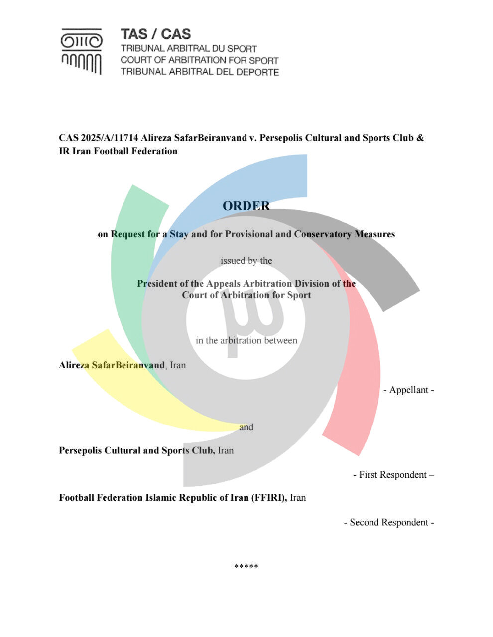 تصویر حکم لغو محرومیت علیرضا بیرانوند توسط CAS