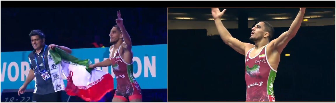 تصاویری از لحظه اهداء مدال طلا به رحمان عموزاد | دور افتخار رحمان عموزاده با پرچم ایران