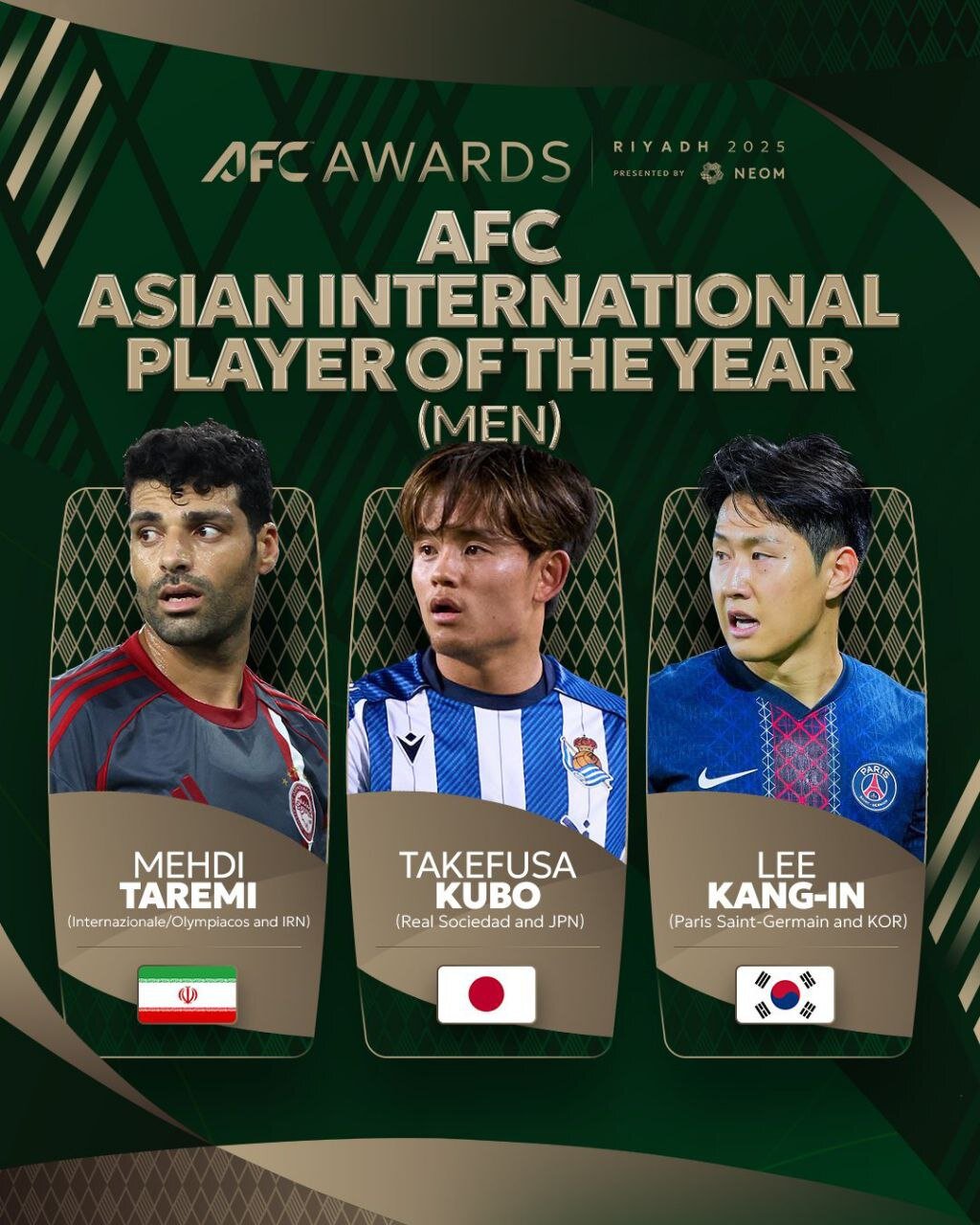 پوستر AFC برای جایزه بهترین‌ لژیونر سال آسیا با حضور مهدی طارمی  #فوتبال @TasnimNews