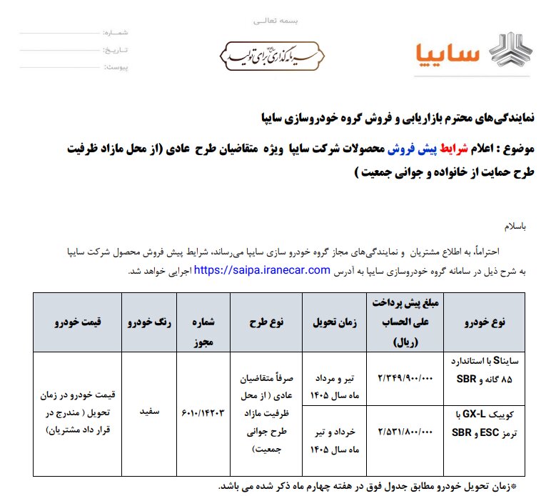 پیشفروش محصولات سایپا از فردا؛ اسامی خودروها و زمان تحویل مشخص شد