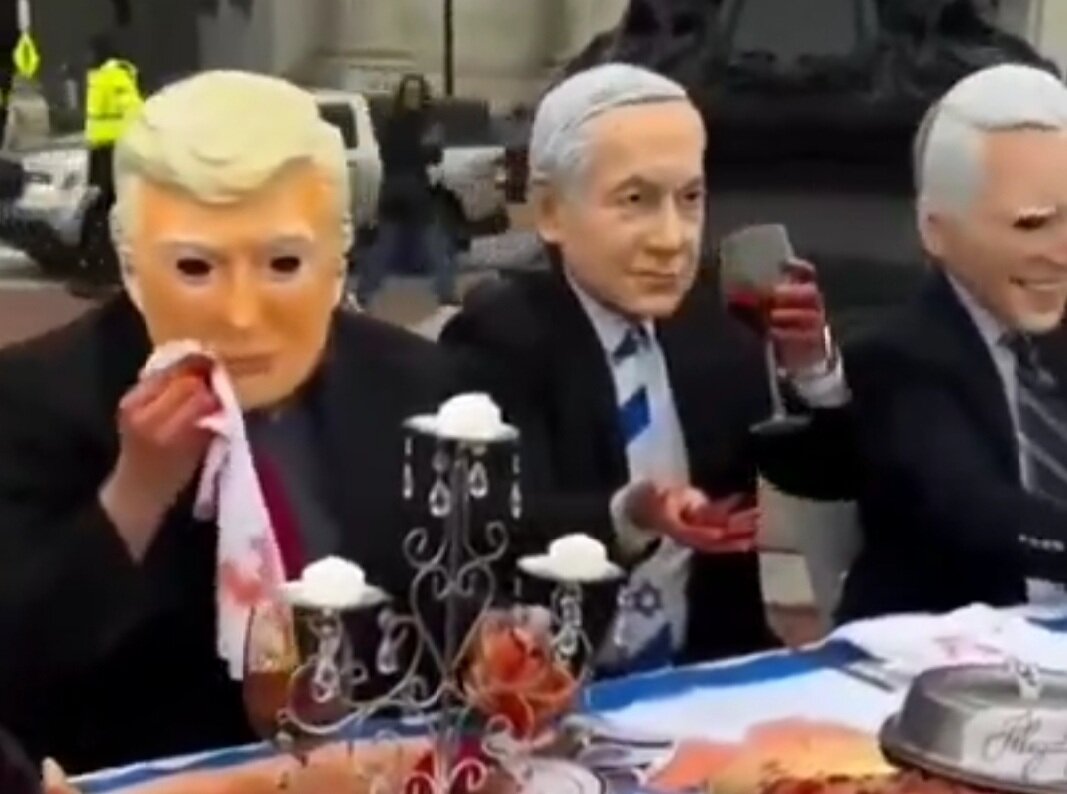 سفره خون آلود؛ تصاویر هولناک از ترامپ، بایدن و نتانیاهو بر سر میز! | ویدئو