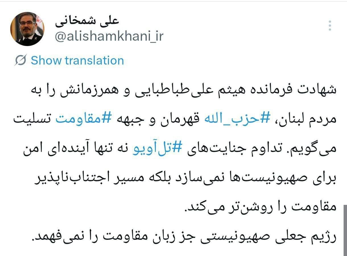 واکنش علی شمخانی به ترور فرمانده حزب الله + عکس