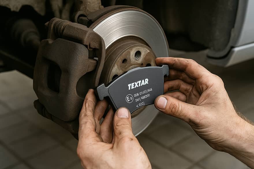 مکانیک در حال نصب لنت ترمز جدید تکستار روی دیسک و کالیپر پژو ۲۰۶ تیپ ۵؛ نمایش جزئیات سیستم ترمز و مراحل تعویض لنت.